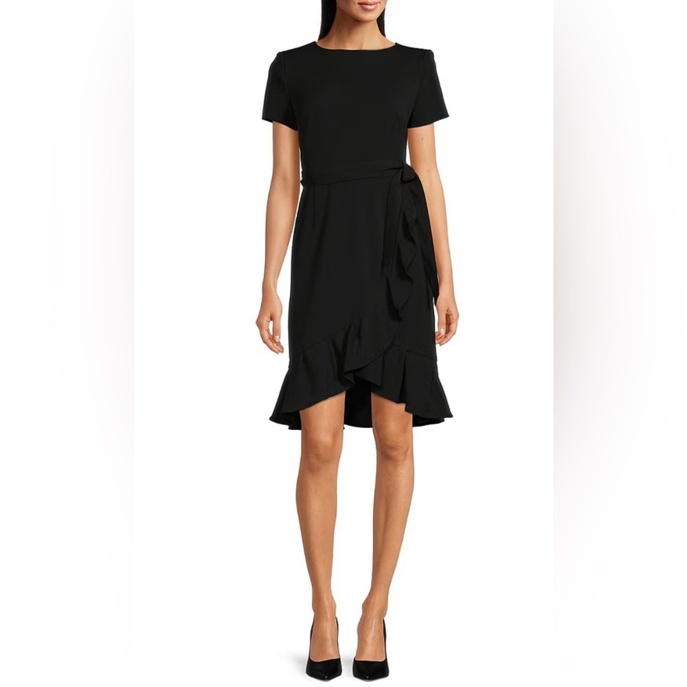 Calvin Klein Boat Neck Faux Wrap Ruffle Hem Dress – Black | Size 4 | Like New